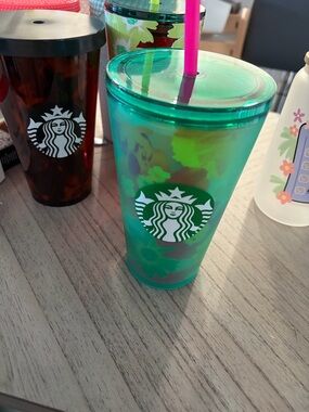 Starbucks Green Floral Reusable Tumbler with Pink Straw